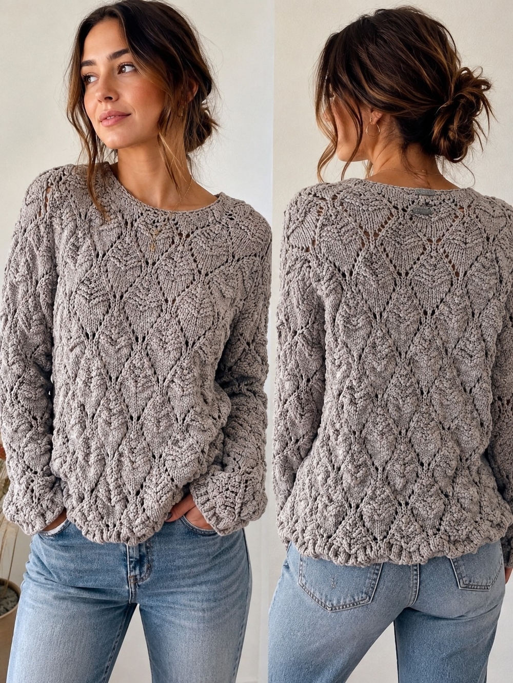 Black Swan Taupe Open-Knit Diamond Crewneck Sweater (Med)